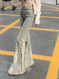 SHOPMOCHO Women Vintage Blue Jeans High Waist American Retro 90s Raw Material Edge Design Y2k Denim Pants Streetwear Wide Leg Jeans