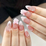Shopmocho 24pcs Sweet False Nail Patches Detachable Fake Nail Tips With Bowknots Love Heart Pearl Design Pink Almond Korean Press On Nail