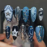 SHOPMOCHO 24Pcs Black Y2k Long False Nails with Almond Head Design Cat's Eye Silver Stripe Pattern Press on Fake Nails Wearable Nail Tips