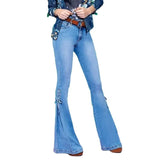 Shopmocho Full Length Flare Pants Women Jean Washed Denim Pants Zipper Fly Loose Fit Pockets High Waist Basics Lace Up Vintage Solid