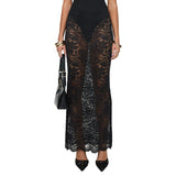Shopmocho Women's Summer Sheer Lace Floral Long Skirt Fashion See-Through Low Rise Wrap Bodycon Skirts for Nightclub Bar Streetwear