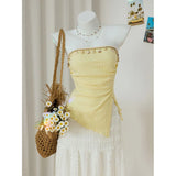 Shopmocho Women Summer Sweet Yellow Slim Fit Knitted Tube Top With Shell Ribbon Decoration Irregular Pleated Side Slit Casual Vacation Top