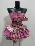 SHOPMOCHO Y2K Pink Two Piece Streetwear Punk Off Shoulder Tops Gothic Lace Spliced ballet Tutu Mini Puff Skirt Rock Sexy Two Piece Set