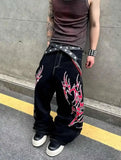 Shopmocho Y2K Fashion Street Jeans Harajuku Hip Hop Retro Loose Red Stripe Printing Baggy Jeans Denim Pants Men Women Gothic Wide Trousers