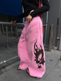 SHOPMOCHO2025 New Autumn American Design Flame Print Drawstring Wide-leg Casual Sweatpants for Men and Women Loose Pink Fashion Trousers