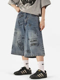 Shopmocho Women Y2k Style Baggy Denim Shorts Wide Leg Short Pants Fashion High Waisted Dark Wash Knee Length Loose Unisex Jeans Casual