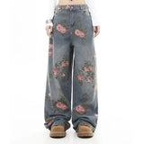 SHOPMOCHO Women's Blue Flower Baggy Jeans Y2K Japanese Harajuku High Street Aesthetic High Waist Wide Leg Retro Jeans Pants Clothing 2025