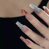 SHOPMOCHO 10Pcs Fashion Gentle Handwork Press On Nails French Style Flowers Butterfly Rhinestone Pearl Design Detachable False Nails Gift