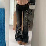 SHOPMOCHO Floral Embroidery Jeans Vintage 2000s Low Rise Flared Jeans Women Retro Y2k Baggy Denim Pants High Street Basic Trousers