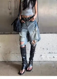 SHOPMOCHO Women's Retro Old Washing Wide-leg Five-point High Street Design Ripped Denim Shorts