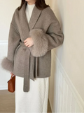 SHOPMOCHO American Fashionable V-neck Lapel Furry Sleeves Lace-up Long-sleeved Woolen Coat Elegant Lace-up Long-sleeved Wool Coat