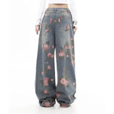 SHOPMOCHO Women's Blue Flower Baggy Jeans Y2K Japanese Harajuku High Street Aesthetic High Waist Wide Leg Retro Jeans Pants Clothing 2025