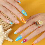 Shopmocho Blue White French 3D Flower Shell Nail Art Summer Beach Fashion Almond False Nails Detachable Finished Fake Nails Press on Nails