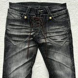 SHOPMOCHO Y2K Distressed Flare Jeans Gothic Men Double Waist Lace Up Denim Pants Retro Washed Scratches Streetwear Unisex Bootcut Jeans