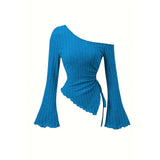 SHOPMOCHO women's New off shoulder cross long sleeved slim fit casual street style asymmetrical elegant T-shirt trumpet sleeve top