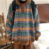 Shopmocho 2025 Autumn New Ethnic Style Knitted Sweater Vintage Round Neck Loose Fit Old Fashioned Feeling Pullover Sweater