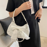 SHOPMOCHO White Folds Pearl Female Bag Retro Luxury Designer Handbag Bow Crossbody Bags Fashion Y2K Vintage Women's Shoulder Bag Purses