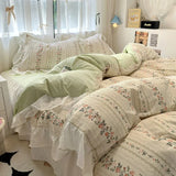 Shopmocho 1.5/1.8 Korean Style 100% Cotton Fitted Sheet Sets with Lace Flower Print Bedding Set for Seasons Home Bedclothes for Adult Kids