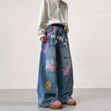 SHOPMOCHO American Retro Graffiti Print Loose High Waist Men's Jeans Autumn Winter Korean Style Floor-Length Causal Trousers Wide Leg Pant