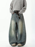 Shopmocho Men's Wear Blue Wide-Leg Denim Pants Baggy Jeans Vintage Three-Dimensional Cut Curved Knife Jeans Loose Fit Summer New Trend