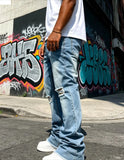 SHOPMOCHO Men's Light Blue Denim Pants, Distressed Flared Jeans with Knee Rips & Frayed Hem for Streetwear