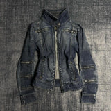 SHOPMOCHO Y2K Vintage Washed Denim Jacket Women Multi Zipper Stand Collar Slim Fit Biker Jean Coat Gothic Streetwear Cropped Outerwear