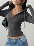 SHOPMOCHO New Elegant Fashionable Pure Color V-Neck Long Sleeve Ladies Hoodie for Commuting
