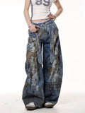 SHOPMOCHO American Heavy Industry Denim Pants Y2K Retro Messy Needle Ribbon Embroidery Wash Loose Casual High Waist Wide Leg Jeans