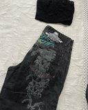 SHOPMOCHO Summer Black Skull Pattern Print Retro Men's Denim Shorts Y2K Street Jeans Sports Pants Commuting Casual Men's Wear