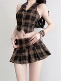 Shopmocho Retro Street Fashion Washed Denim Two-Piece Skirt Set Women Hip Hop Harajuku Goth Halves Neck Top Mini Pleated Skirt Trendy Set