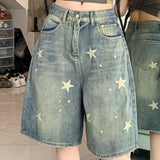 Shopmocho Women High Waist American Retro Washed Wide Leg Jeans Girls Street Do Old Star Loose Denim Pants Female Blue Knee Length Shorts