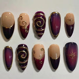 SHOPMOCHO 24pcs Golden Lines Patterns False Nails Dark Purple Blush French Fake Nails for Spice Girls Sweet Cool Almond Ins Nails Press On