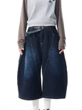 SHOPMOCHO Men's Women's 2026 Summer American Retro Embroidered Curved Denim Shorts Loose Wide Leg Capri Pants Streetwear Jeans