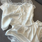 SHOPMOCHO-White Women Pajamas Summer Sleepwear Spaghetti Strap Shorts Sets 2 Pieces Lace Night Wears Korean Sleeping Lace Home Suit 2025