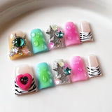 Shopmocho 10pcs Gradient Blue Summer Fake Nails Glossy Cat's Eye 3D Flower Shiny Diamond Press On Nail Blush Duckbill Handmade False Nail
