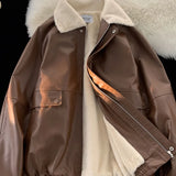 Shopmocho Y2K Fashion Lapel Leather Coat Cotton-padded Jacket Coat Women High Street Vibe Vintage Casual Pilot Jacket Cotton-padded Jacket