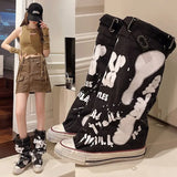 SHOPMOCHO Women Canvas Sneakers Flats Designer Mid Calf Snow Boots Fashion Shoes Woman 2025 Trend New Winter Punk Chelsea Boots Lady Shoes