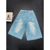 SHOPMOCHO Mens Shorts Denim Shorts American High Street Loose Straight Leg Distressed Seven Tenths Casual Summer Wear