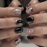 SHOPMOCHO 24Pcs Short Almond Fake Nails Butterfly Wings Nail Art with Glue Glitter Flower False Nails Acrylic Autumn Winter Press on Nail
