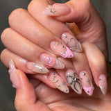 SHOPMOCHO Red Y2K Wearable Nail Art Chic Silver Butterfly Love Metal Bead Almond False Nails Detachable Finished Fake Nails Press on Nails