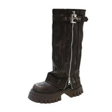 Shopmocho Winter Women Biker Boots Fashion Belt Buckle Ladies Elegant Platform Long Pipe Booties Casual Women's Knee High Booties