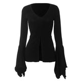 SHOPMOCHO Goth Dark Fairy Grunge Flare Sleeve V-neck T-shirts Gothic Split Sexy Lettuce Hem Female Blouses Y2k Black Slim Fashion Alt Tops