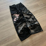 SHOPMOCHO New Black Wide Leg Denim Jeans Men Dragon Print Cherry Blossom Embroidery Vintage Washed Loose Harajuku Streetwear Casual Pants