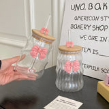 Shopmocho 1Pc Glass with Lid and Straw, Elegant Bow Girl's Glass Cup, Wavy Glass with Lid, Stripesd Glass Cup for Home Decoration, Home Drinking Water, Breakfast Cup, Milk Cup, Afternoon Tea Coffee Cup, Valentine's Day Gift