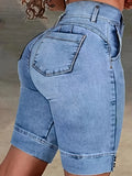 SHOPMOCHO Ladies' Blue Double-Buckle Waist Slim Fit Jeans