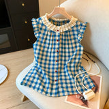 Shopmocho Vintage Plaid Shirts Women Harajuku Floral Lace Patchwork Blouses Summer Sweet Korean Print Flying Sleeve Casual Design Tops New