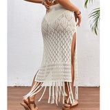 Shopmocho Women Knitted Texture Sarong Skirts Sexy High Slit Tassel Cover-Up Beach Summer Vacation Wrapped Skirt Bikini Cover Up