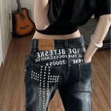 SHOPMOCHO Y2K New Retro Rivet Letter Embroidered Low Waist Jeans for Women Washed Old Slim Street Wear Goth Jeans