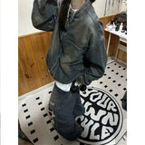 SHOPMOCHO American Retro Vibe Style Workwear Denim Jacket Women's Autumn Loose Design Washed Distressed Cardigan Jacket Trendy