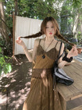 Shopmocho Korean style Ethnic Irgular Spaghettic Strap Fairy Boho Hippie Dress Women Tassel Mesh Stitching Spice Summer Beach Slim Dress